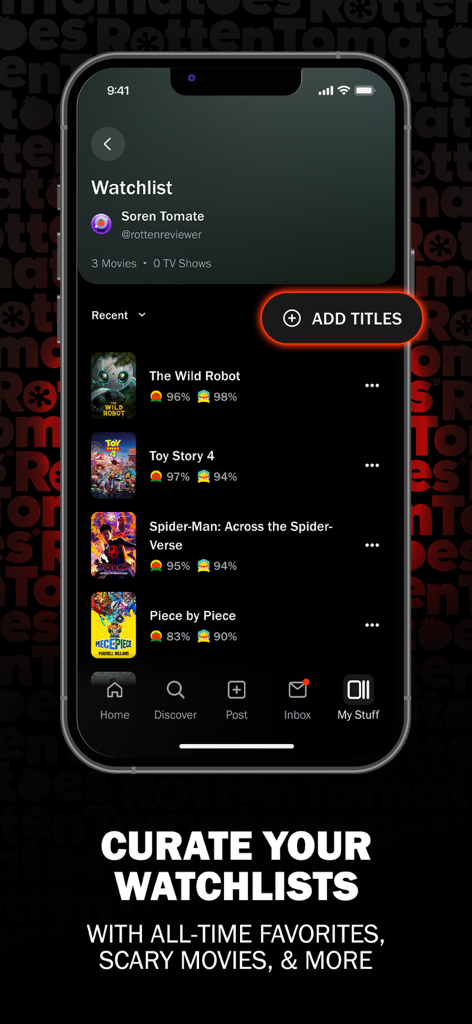 Tela do aplicativo Rotten Tomatoes mostrando uma lista de observação de filmes com pontuações Tomatometer e Popcornmeter.