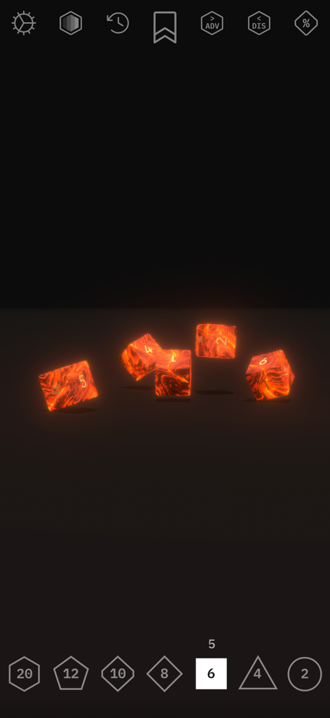 Mighty Dice - Mighty Dice app interface featuring five glowing lava themed six sided dice