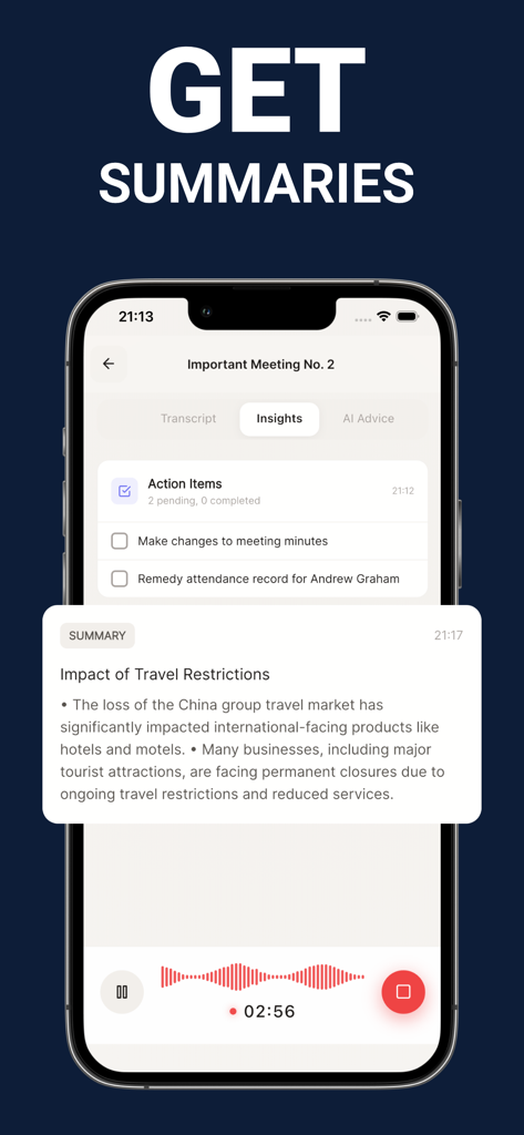 Meeting Minutes: Focus AI - A mobile app interface showing AI-generated meeting summaries and action items.
