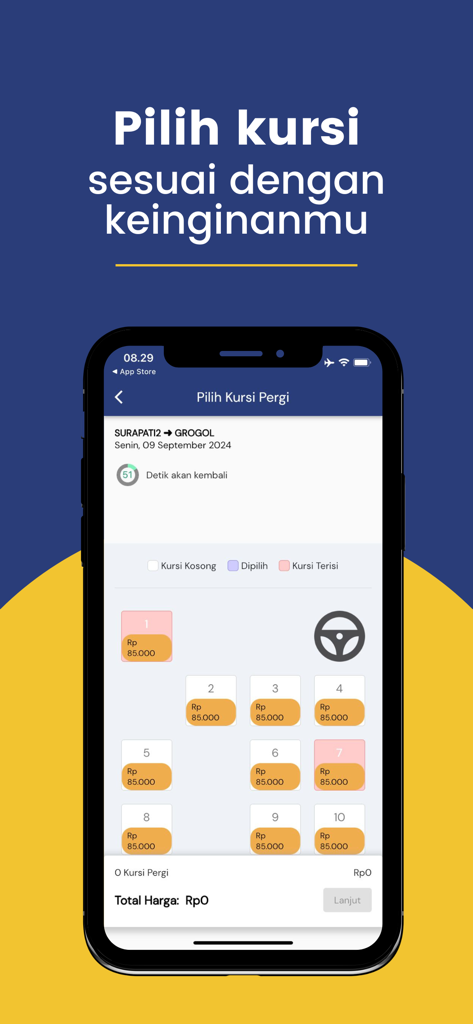 Baraya Travel - Mobile app screen showing a shuttle seat map for choosing seats on a trip from Bandung to Jakarta