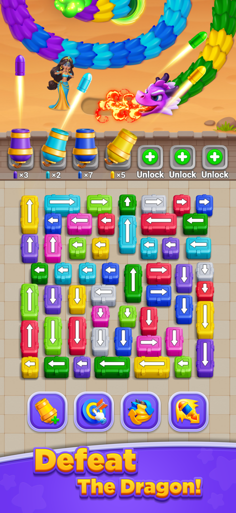 Princess Protect: Dragon Wars - A purple dragon is being attacked by colored cannons in a strategy tower defense game with a block puzzle grid.