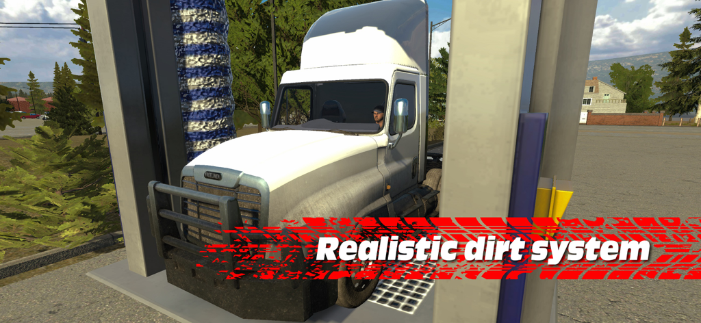 Ein weißer Sattelzug in einer Waschstation, die das realistische Schmutzsystem von Truck Simulator PRO USA zeigt