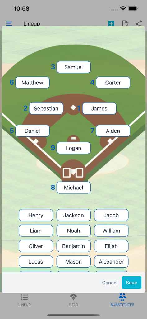 Baseball Lineup Cards - Visual baseball diamond interface showing player names assigned to field positions and a list of substitutes