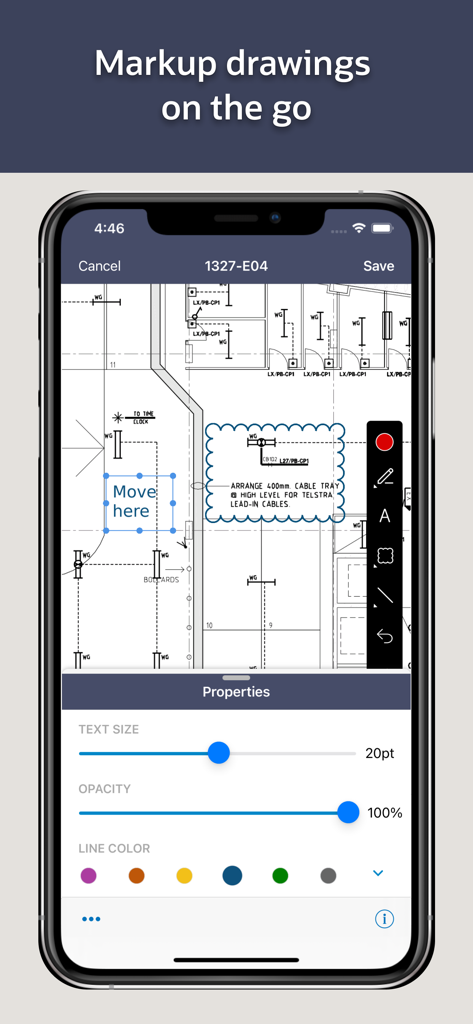 Oracle Aconex - Oracle Aconex app interface showing a construction blueprint being marked up on a mobile device