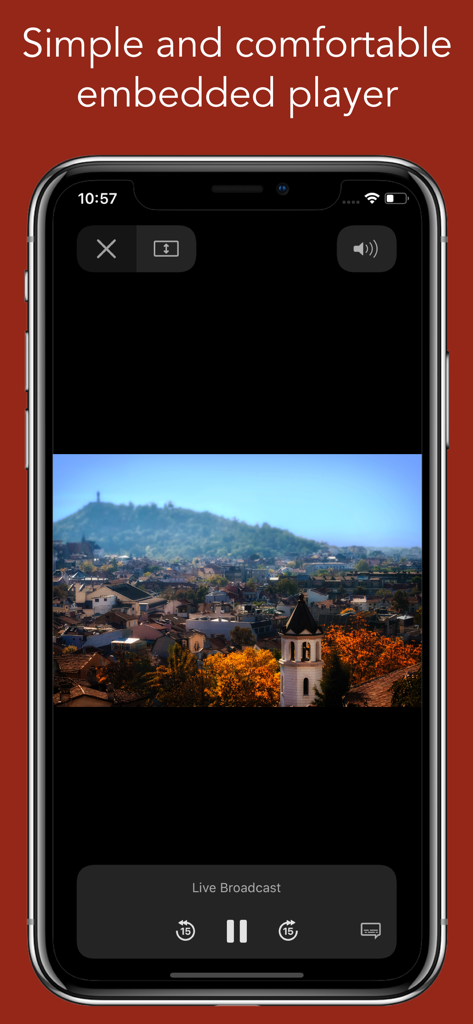 Pantalla de iPhone que muestra una transmisión en vivo de una ciudad búlgara dentro del reproductor de la aplicación Bulgarian TV