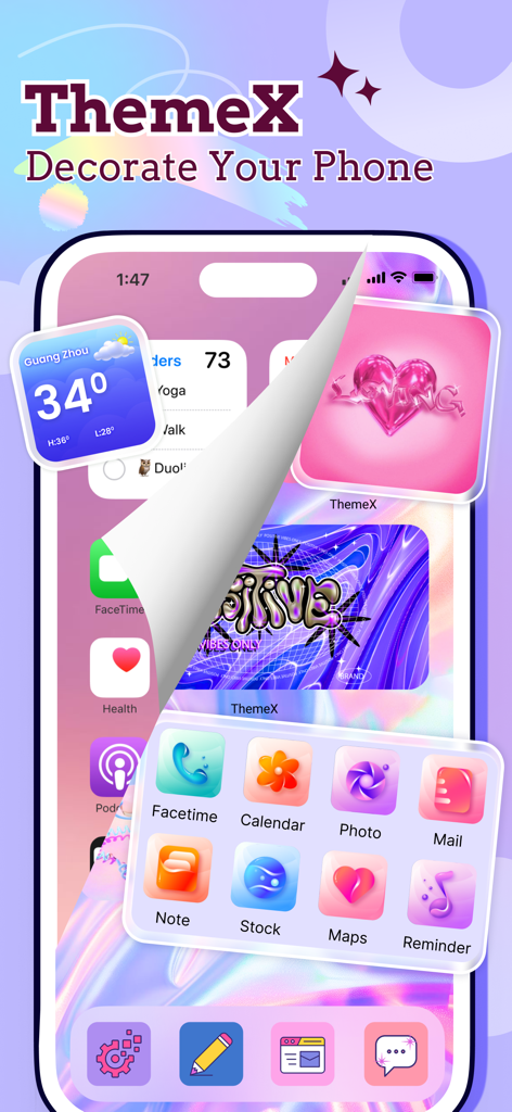 ThemeX: App Icons & My Widgets - Pantalla de inicio de iPhone estética con iconos y widgets personalizados.