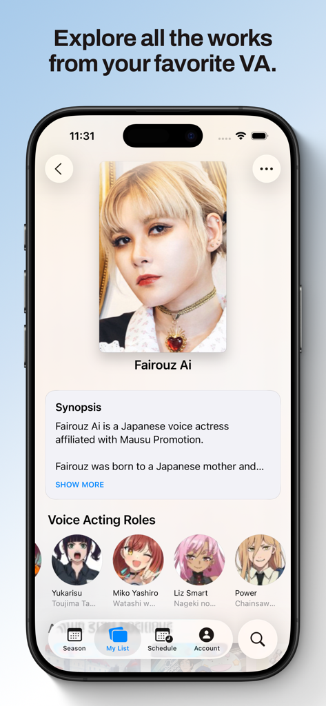 Kitsune for MyAnimeList - Mobile app screen showing the profile of voice actress Fairouz Ai with her synopsis and character roles
