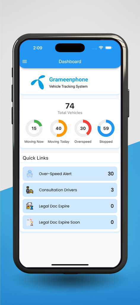 Grameenphone Vehicle Tracking - Dashboard of Grameenphone Vehicle Tracking app showing fleet status and alerts.