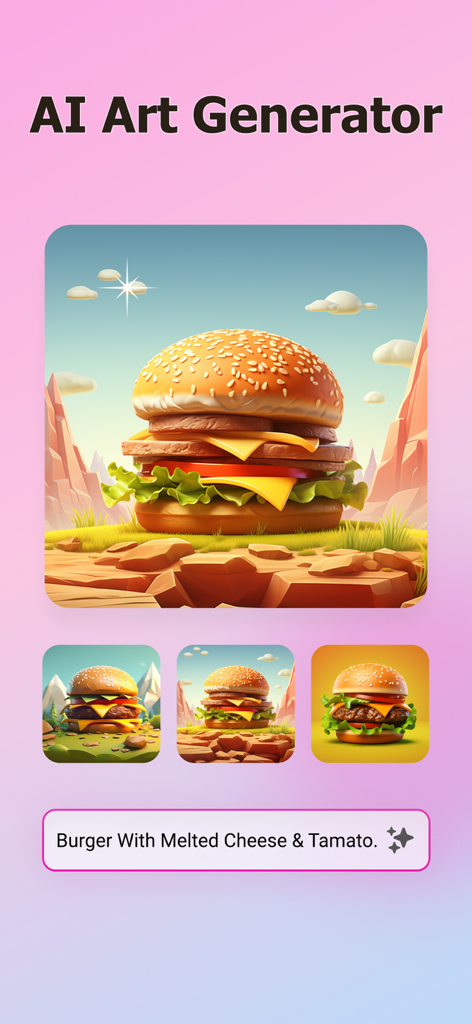 Flyer Maker - Make a Poster - Interfaz del generador de arte con IA en la aplicación Flyer Maker mostrando una ilustración de hamburguesa generada a partir de una indicación de texto