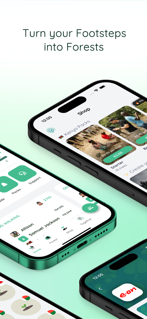 Treekly - Screenshots of the Treekly app interface showing step tracking and tree planting reward options