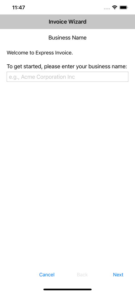 Onboarding screen of the Express Invoice Professional app for entering a business name