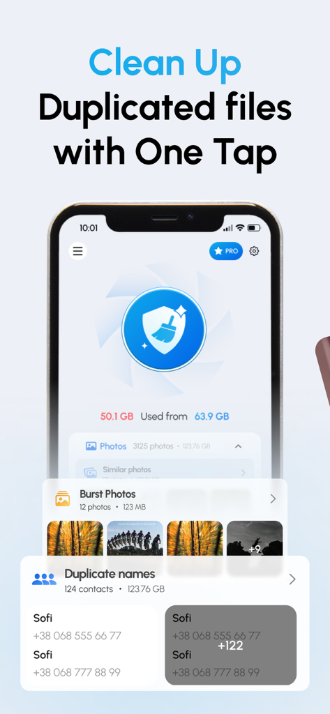 Space Cleaner: Clean & Swipe - Space Cleaner app interface showing storage analysis and one-tap duplicate file removal for photos and contacts.