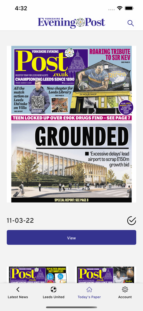 Interface of the Yorkshire Evening Post app showing a digital replica of the printed newspaper edition.