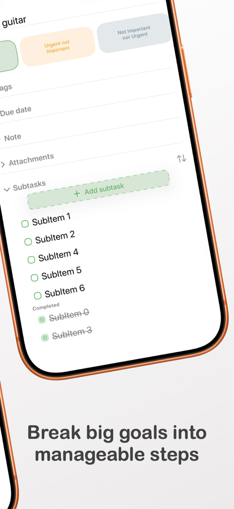 4.Do - Task, To do, Goal list - Pantalla de lista de verificación de subtareas de la aplicación móvil que muestra elementos completados y un enfoque en la división de objetivos