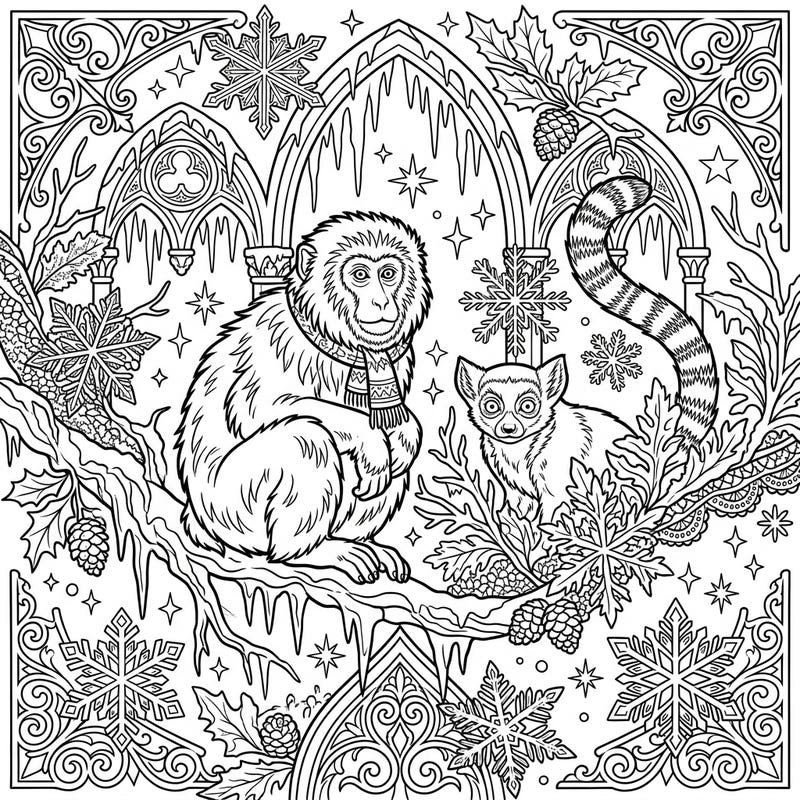 Discover a captivating coloring page featuring charming primates nestled in a mysterious Gothic Winter Wonderland. This intricate design combines the elegance of gothic architecture with the chill of winter for a unique artistic escape.