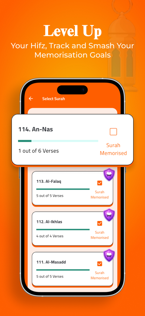 Quranic Family - Interface de l'application mobile affichant la progression de la mémorisation du Coran avec des listes de Sourates et des badges de réussite