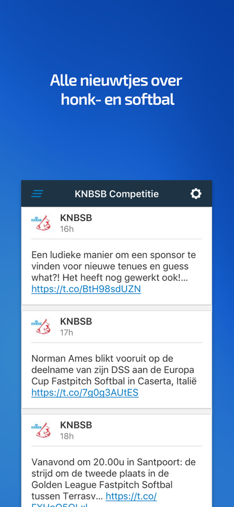 KNBSB Competitie - Smartphone screen displaying the news feed for Dutch baseball and softball leagues
