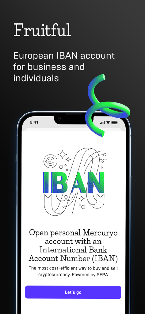 Mercuryo mobile app screen displaying European IBAN account features for crypto trading.