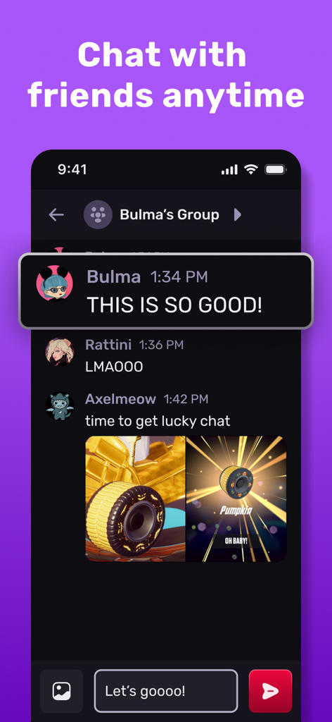 Interfaz de la aplicación OBB Mobile que muestra un chat grupal donde los jugadores comparten mensajes y lanzamientos de objetos del juego Oh Baby Kart.