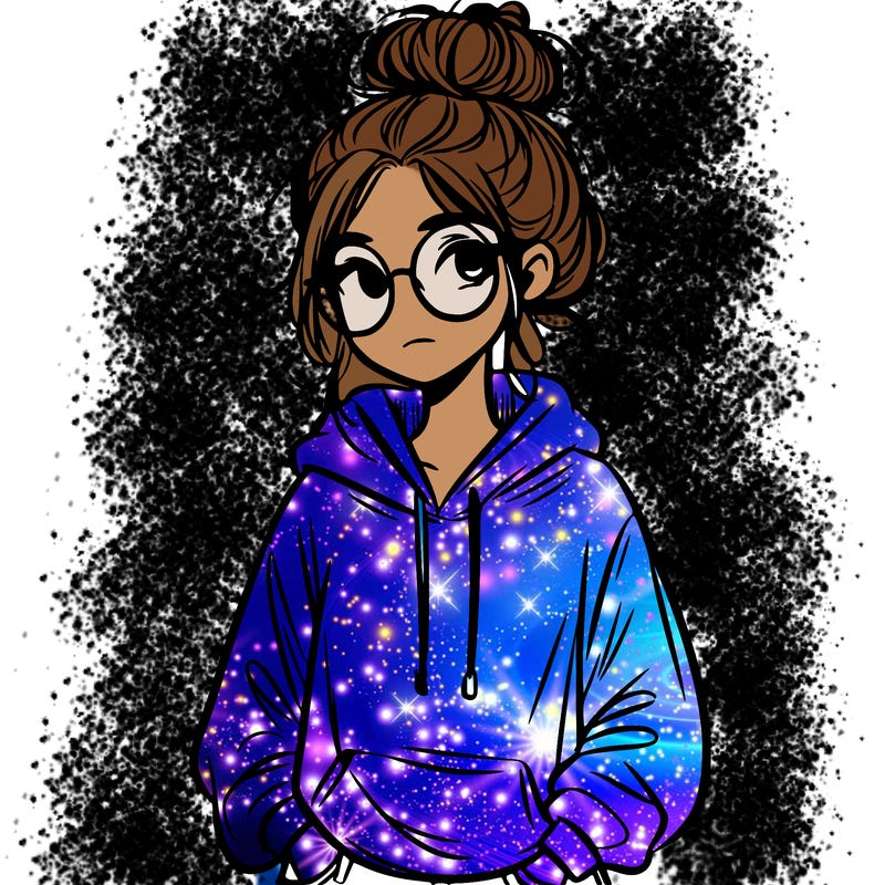teen girl with a messy bun and glasses wearing a loose hoodie and jeans