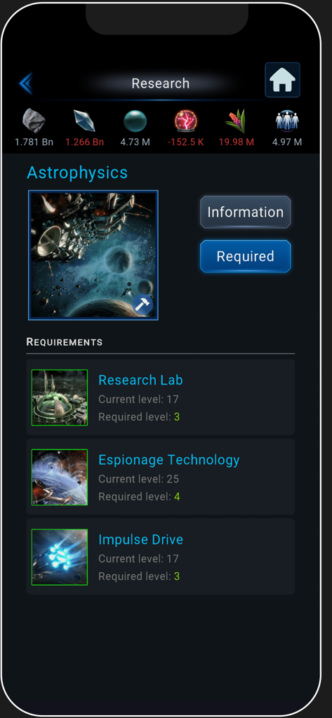 OGame - Screenshot dell'app mobile OGame che mostra la schermata di ricerca dell'astrofisica e i suoi requisiti di livello