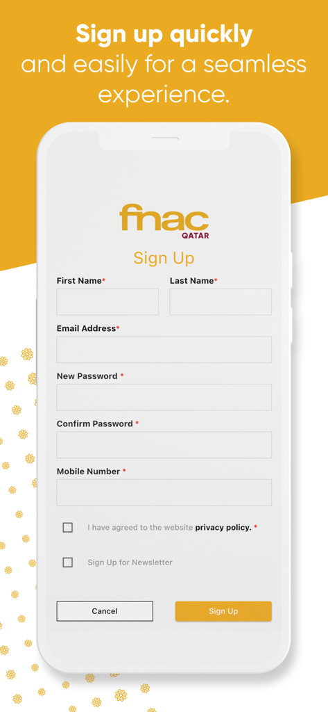 Fnac Qatar - Tela de inscrição móvel para Fnac Qatar com um formulário de registro para novos usuários.