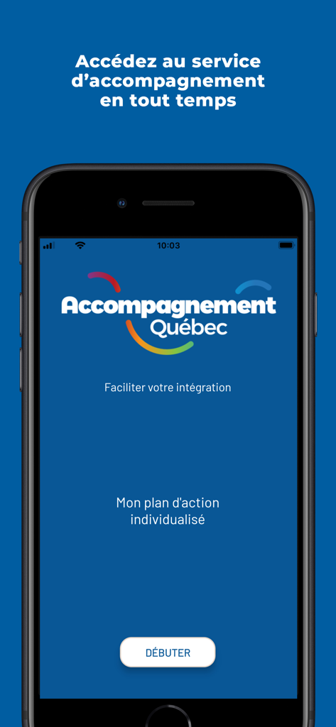 Accompagnement Québec - Welcome screen of the Accompagnement Quebec app showing the logo and a start button