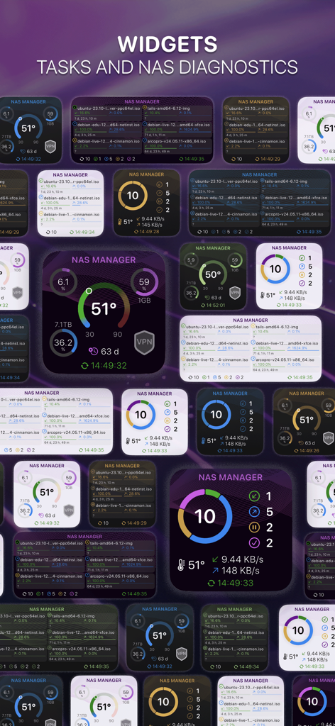 NASDL Manager - A variety of iOS widgets for NASDL Manager displaying NAS system diagnostics and download tasks.