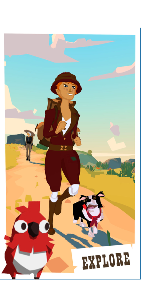 The Trail - Stylized pioneer character walking with a dog on a scenic trail