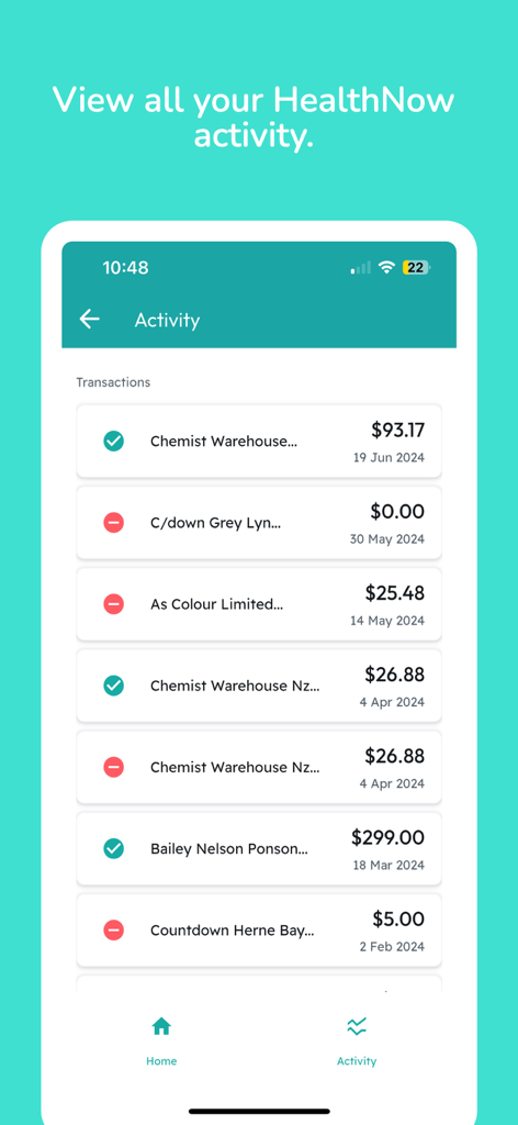 Écran d'historique des transactions dans l'application My Health Now montrant l'activité de dépenses récente.