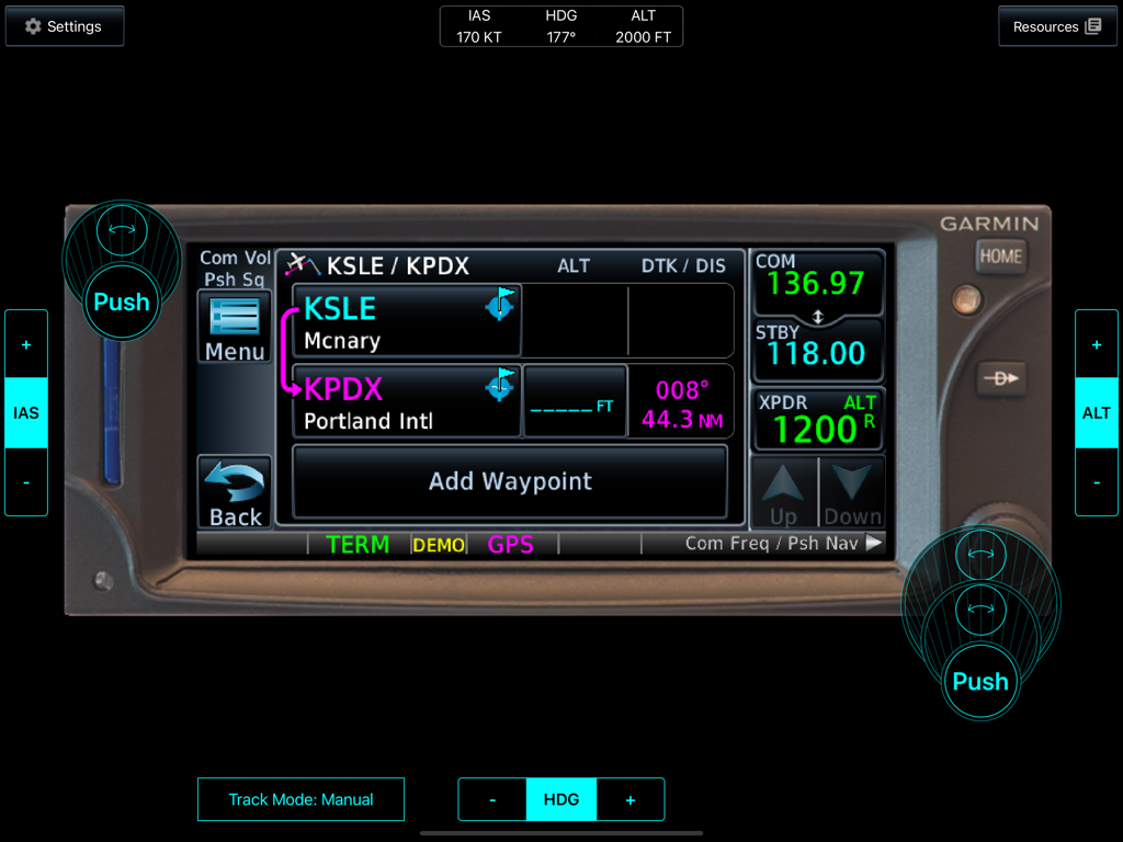 Interface of the Garmin GTN Trainer app showing a flight plan from McNary to Portland International on a simulated avionics screen.