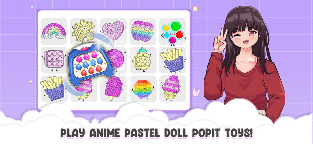 Anime Chibi Dolls Girl Games - Un personaje de chica anime haciendo el signo de la paz junto a una colección de coloridos juguetes antiestrés popit en varias formas como corazones y arcoíris.