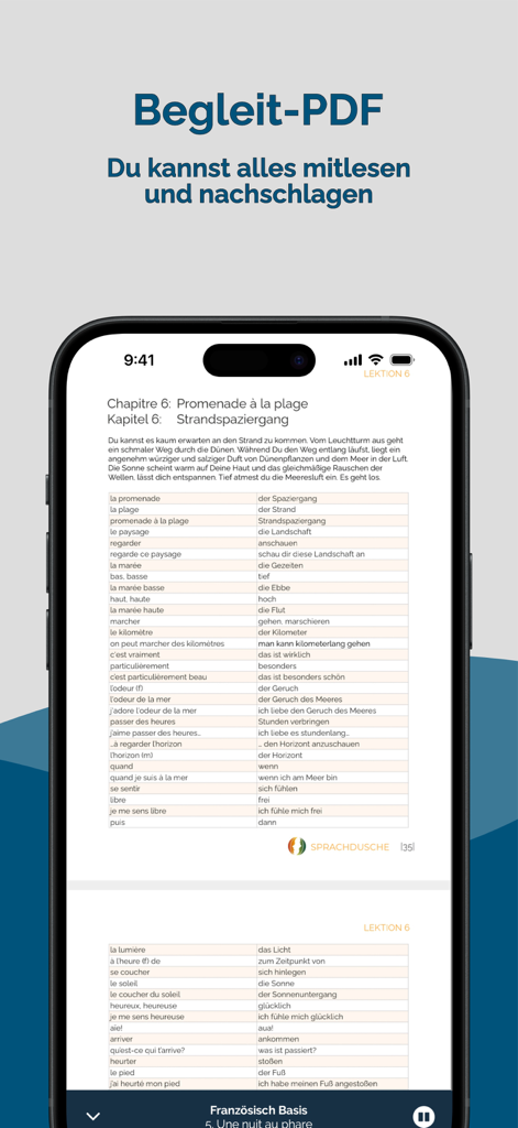 Jicki Sprachen lernen - Jickiアプリインターフェース、フランス語のレッス​​ンとPDFドキュメントの語彙リストを表示