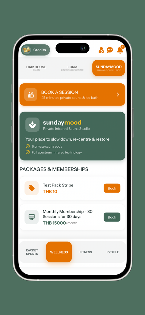 Tela do aplicativo móvel Sterling Sport and Wellness mostrando a seção de bem-estar com opções de reserva de sauna e associação.