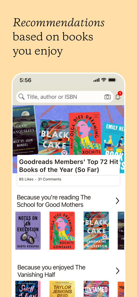 Goodreads: Book Reviews - Goodreads app interface showing personalized book recommendations and curated top reading lists