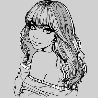 realistic girl with bangs looking over her shoulder