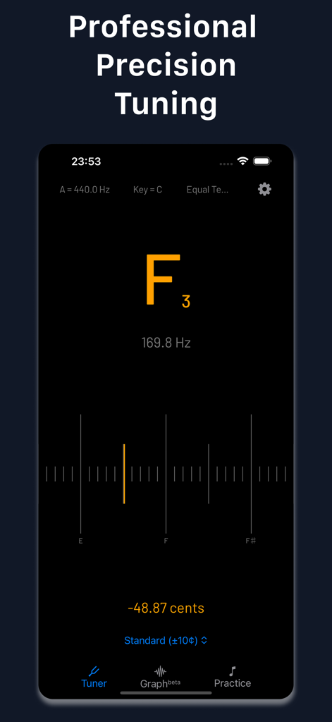 Pitch Perfect Tuner+Visualiser - La aplicación Pitch Perfect Tuner que muestra la interfaz de afinación de precisión profesional para la nota Fa 3.