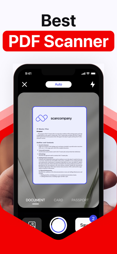 PDF Scanner aрp - iPhone screen showing the Scanner App Pro interface capturing a business document