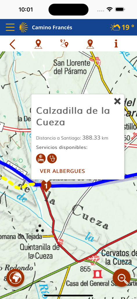 Caminos de Santiago - Interfaccia della mappa dell'app mobile che mostra il percorso del Cammino Francese con la distanza da Santiago e informazioni sugli ostelli per la tappa di Calzadilla de la Cueza.