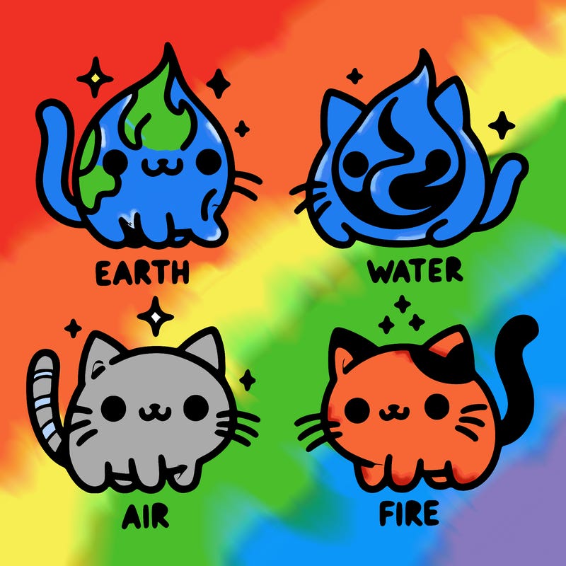 4 cats that represent the different elements, earth, water, air, and fire