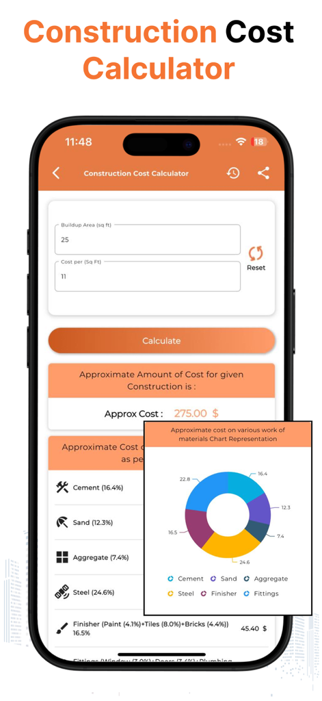 Construction Calc - Civil Calc - Mobile App-Oberfläche zur Berechnung von Baukosten und Materialanteilen mit einer Tortendiagramm-Aufschlüsselung.