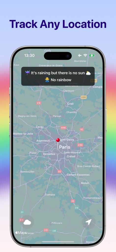 Rainbow Tracker - Mobile app map interface showing rainbow prediction for a specific location