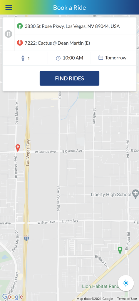 RTC-OnDemand app interface showing the Book a Ride screen with a pickup and drop-off location on a map of Las Vegas.