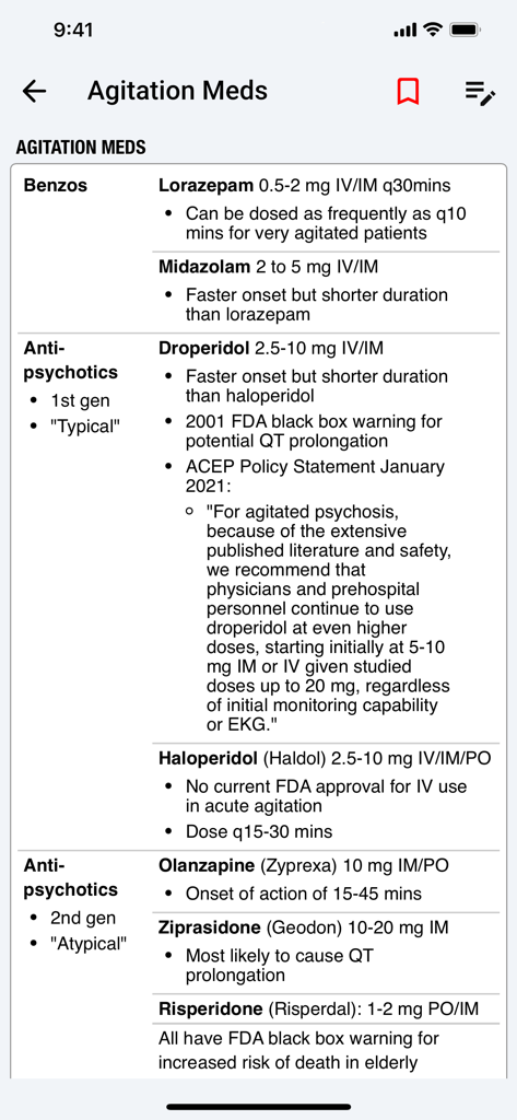 palmEM AI: EM Quick Reference - A clinical reference screen in the palmEM AI app displaying dosages and guidelines for agitation medications like benzos and antipsychotics.