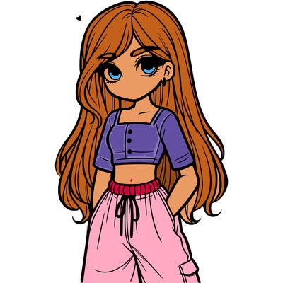 girl in a crop top baggy pants and long hair