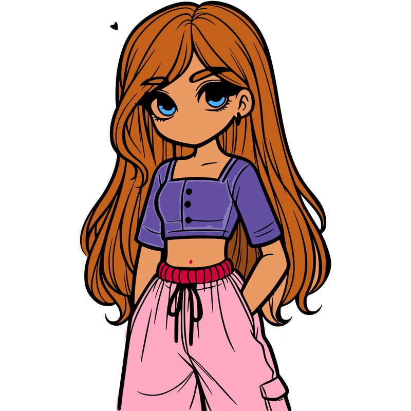 girl in a crop top baggy pants and long hair