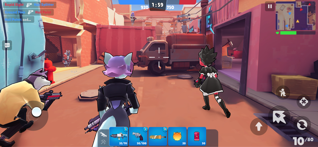 Vortex 9 - shooter games - Stilisierte Katzencharaktere in einem Third-Person-Shooter-Kampf auf einer bunten Stadtkarte.