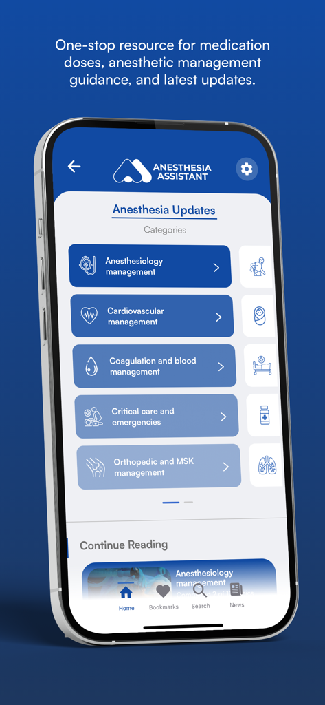 NYSORA Anesthesia Assistant - Schnittstelle der NYSORA Anästhesie-Assistent App, die Kategorien für klinische Updates wie Herz-Kreislauf- und Notfallmanagement zeigt