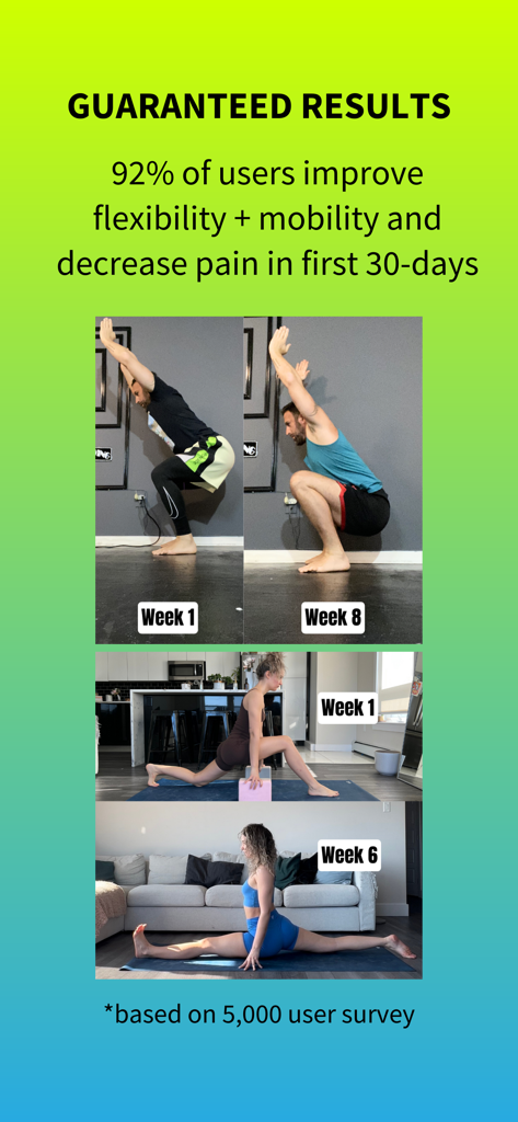 Stretch Mode: Stretching - Before and after photos showing improved squat depth and split flexibility after using Stretch Mode for several weeks