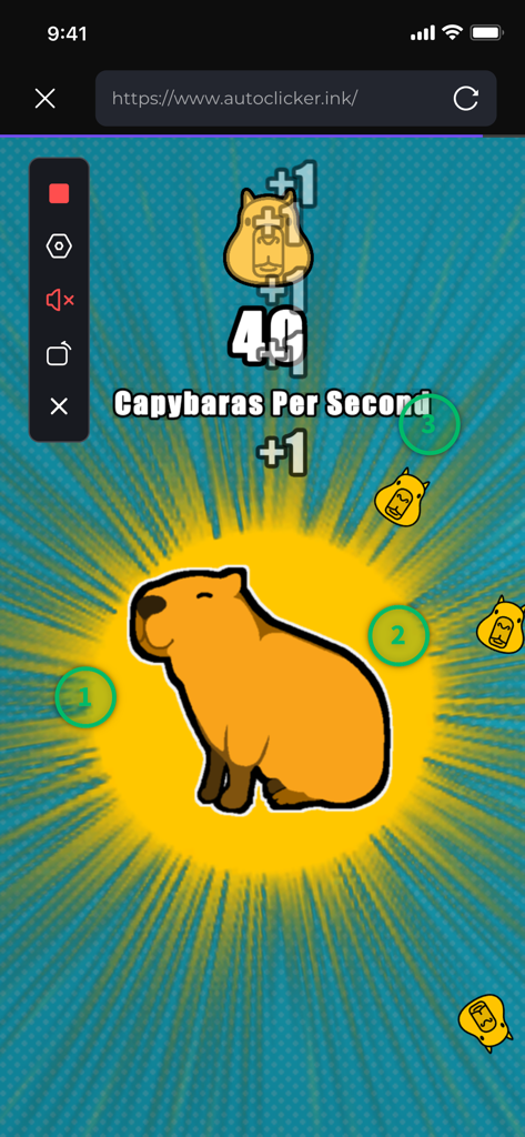 Auto Clicker interface showing multiple numbered click points on a capybara idle game